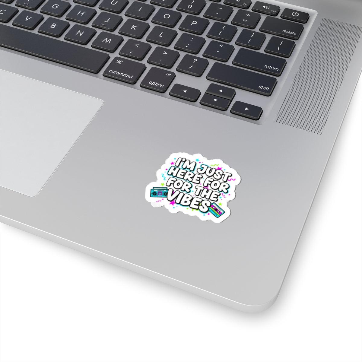 I'm Just Here For The Vibes Sticker | Kiss-Cut Vinyl Sticker | Retro Cassette Boombox Design | Puffy Font | Find Joy 143